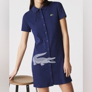 Lacoste Button Front Ribbed Blue Polo Dress